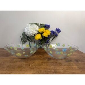 Pair Vintage Glass Serving Bowls Floral Pattern Retro‎ Mod Kitchen Decor